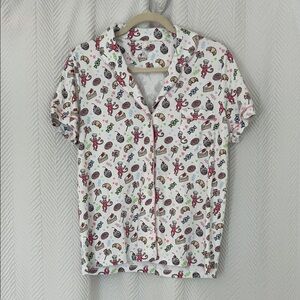 Roller Rabbit White Short-Sleeve Pajama Top with Red, Green, Brown Print